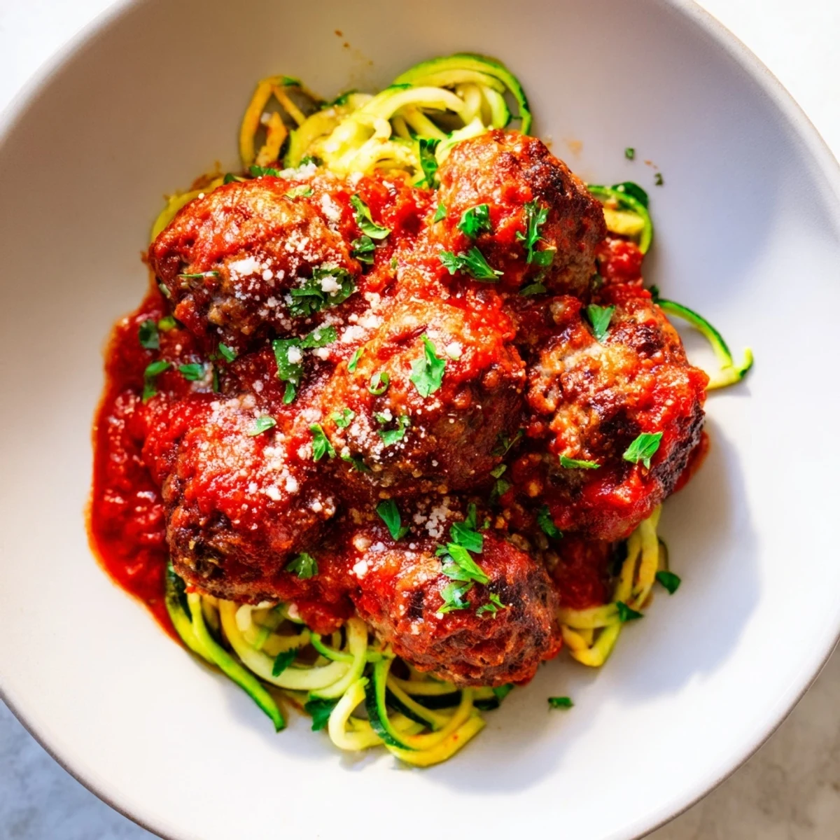 Turkey Meatballs with Zucchini Noodles feature tender, herb-infused turkey balls in a chunky tomato sauce over light spiralized zucchini.