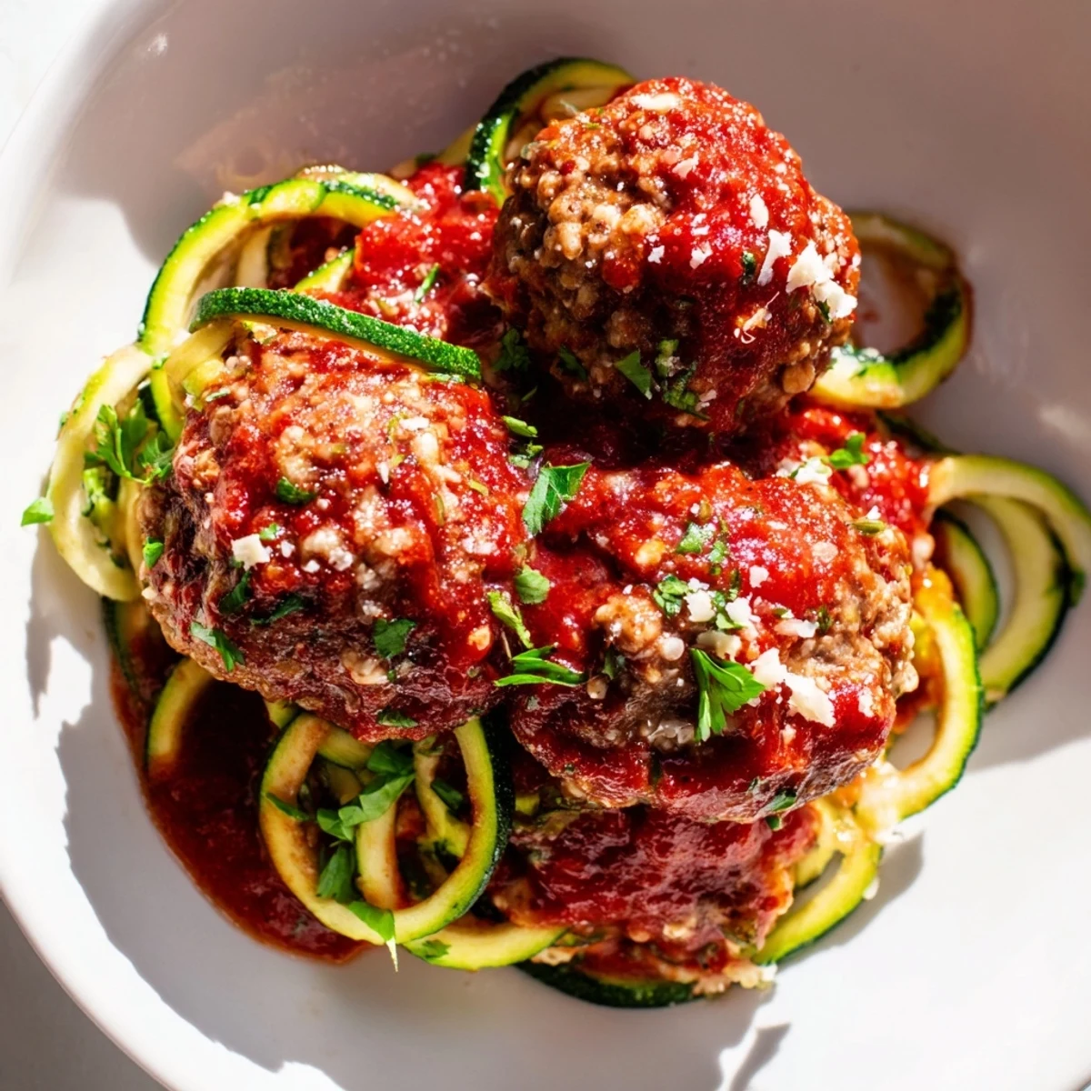 A close-up of delicious Turkey Meatballs with Zucchini Noodles, garnished with fresh parsley and Parmesan, perfect for a healthy dinner.