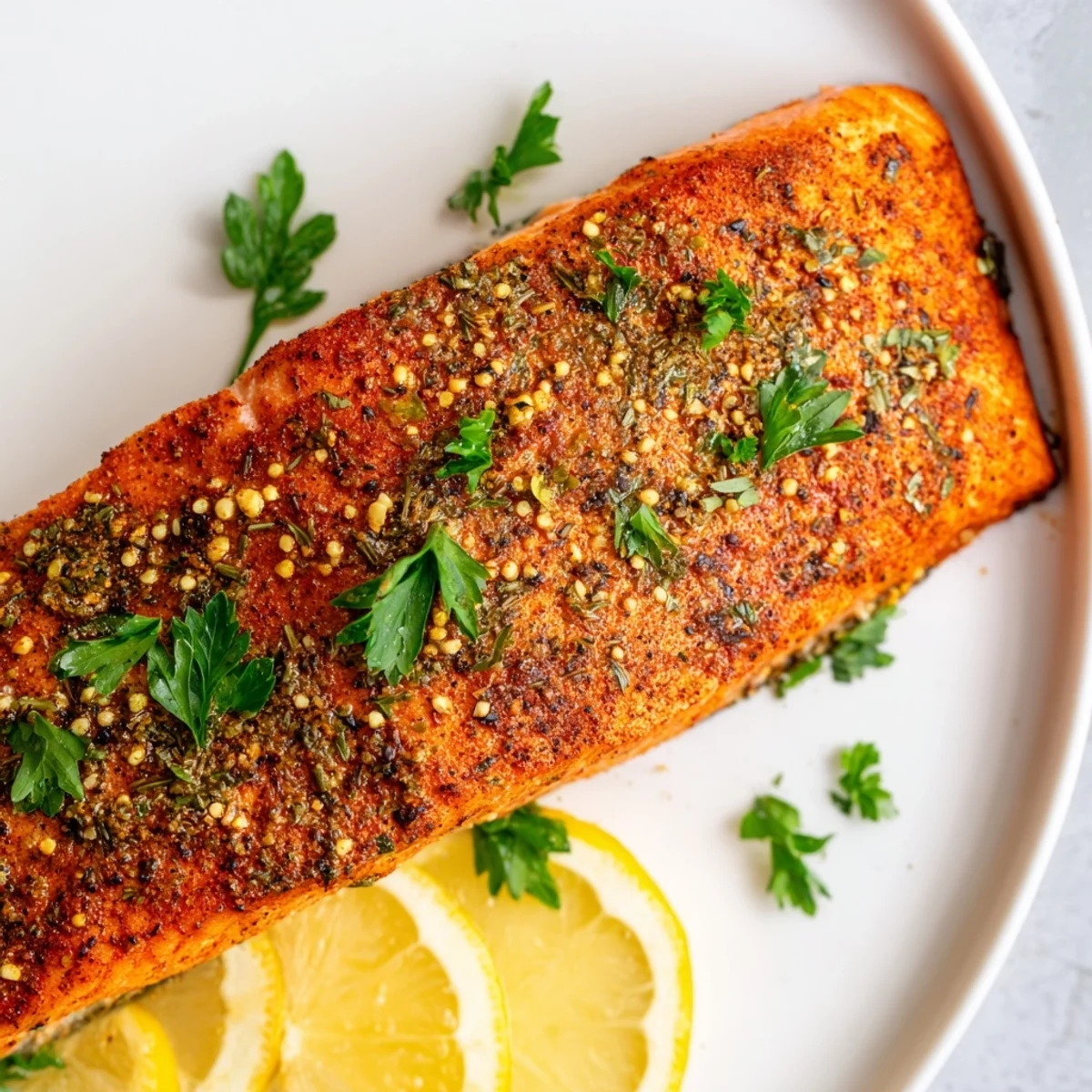 Four juicy salmon fillets rest on a baking tray, coated in a bold Cajun spice blend and roasted with lemon slices.