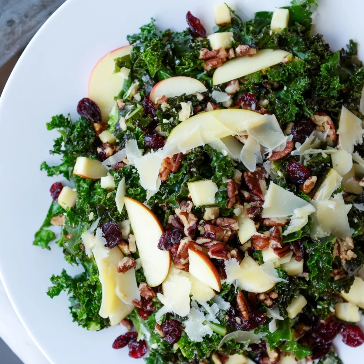 Bright winter light shines on the Winter Kale Salad with Apple and Cheddar, highlighting red cranberries and pumpkin seeds for a festive look.