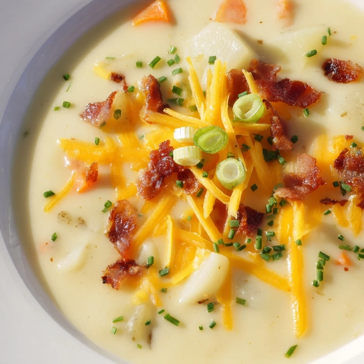 Creamy Potato Soup with Cheese and Bacon steams in a rustic bowl, topped with crispy bacon bits and fresh chives.