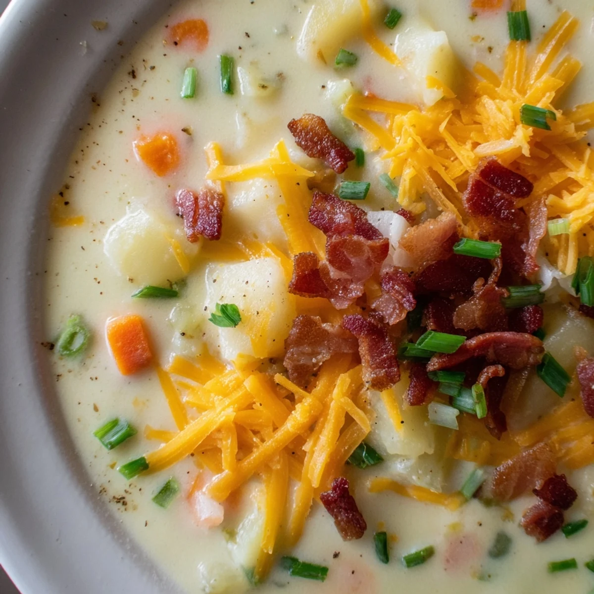 Close up of Creamy Potato Soup with Cheese and Bacon featuring melted cheddar and velvety broth texture.