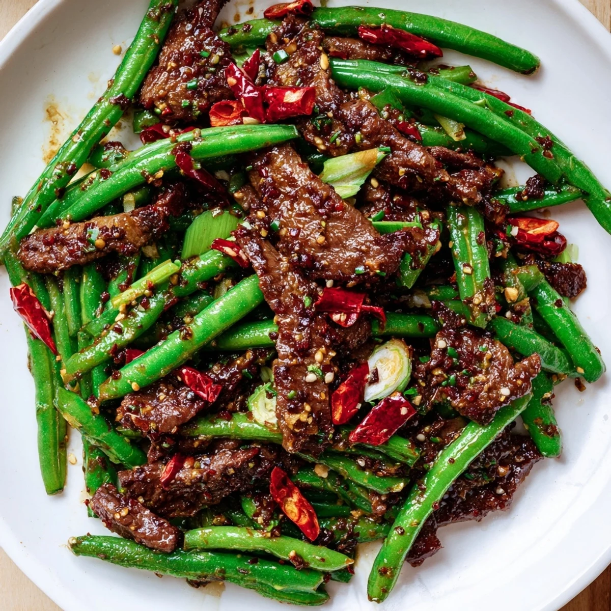 Vibrant bowl of Spicy Szechuan Green Beans with Beef featuring blistered beans and tender beef in a glossy red sauce.