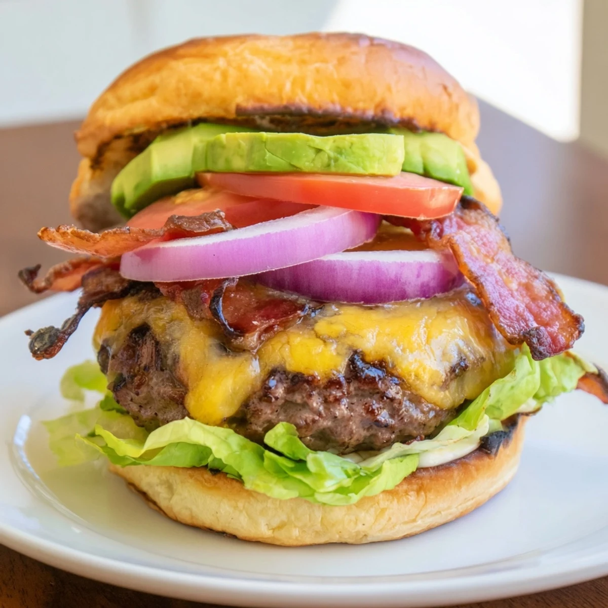 Overhead view of a plated Beef Burger with Avocado and Beef Bacon, garnished with tomato and red onion next to sweet potato fries.