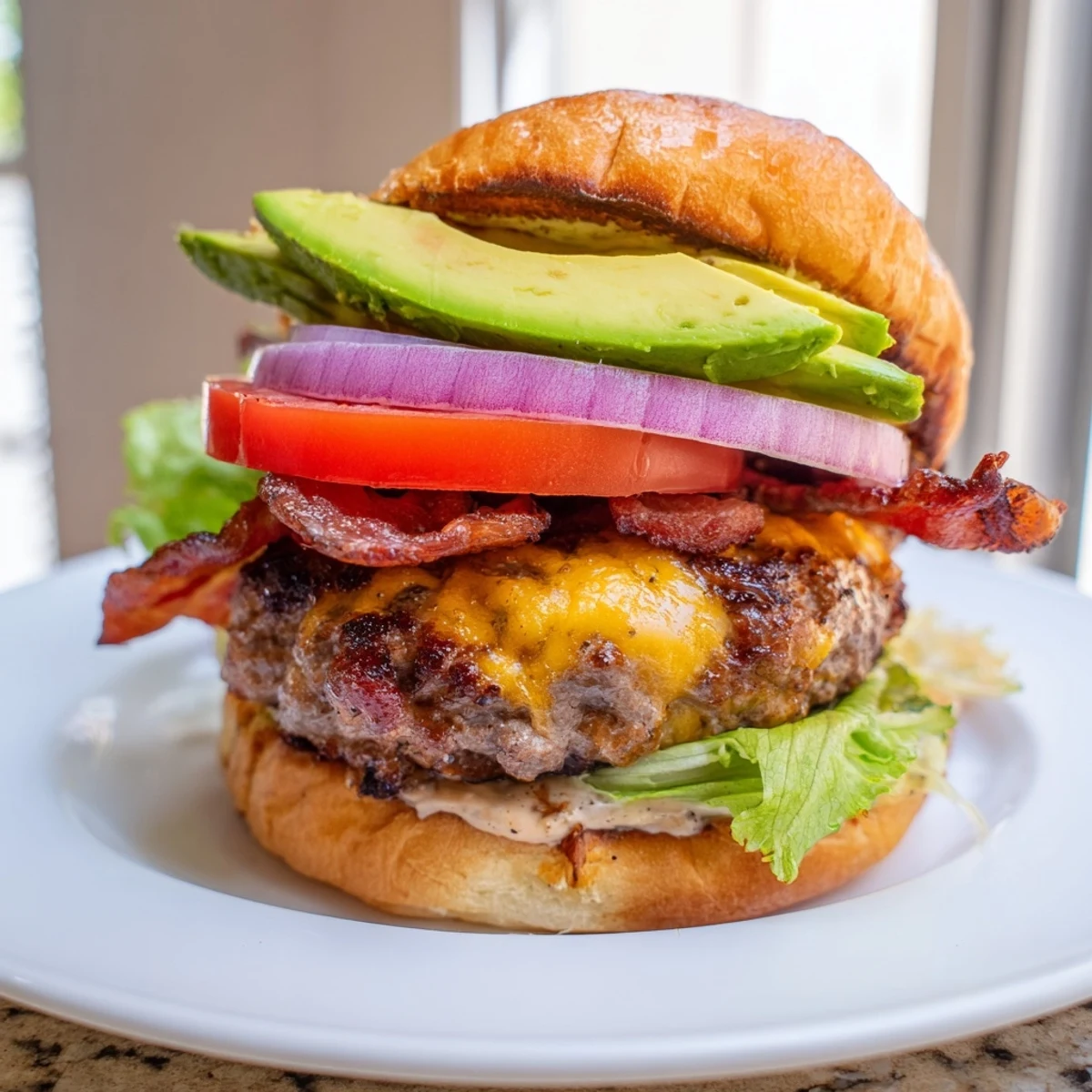 Juicy grilled Beef Burger with Avocado and Beef Bacon, topped with ripe avocado slices and crispy bacon strips on a plate.