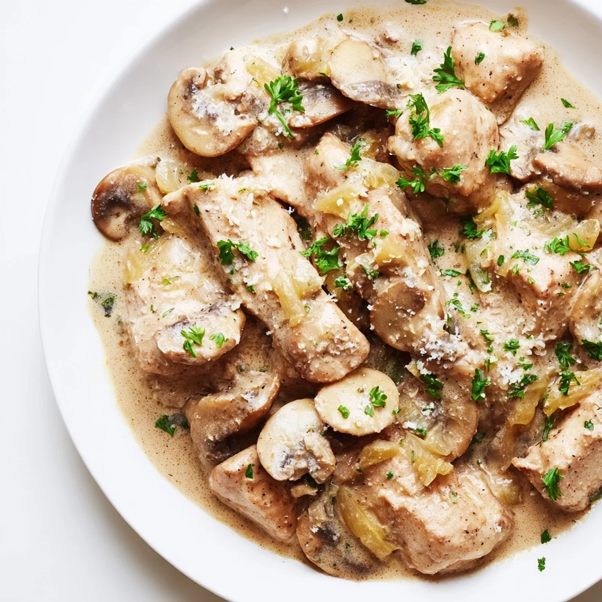 Creamy Mushroom Chicken Skillet served in the pan with tender meat and a velvety sauce, perfect over mashed potatoes or rice.