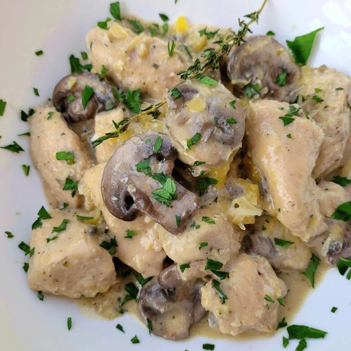 Close-up of a Creamy Mushroom Chicken Skillet showing juicy chicken in a rich garlic thyme cream sauce, ready to serve hot.