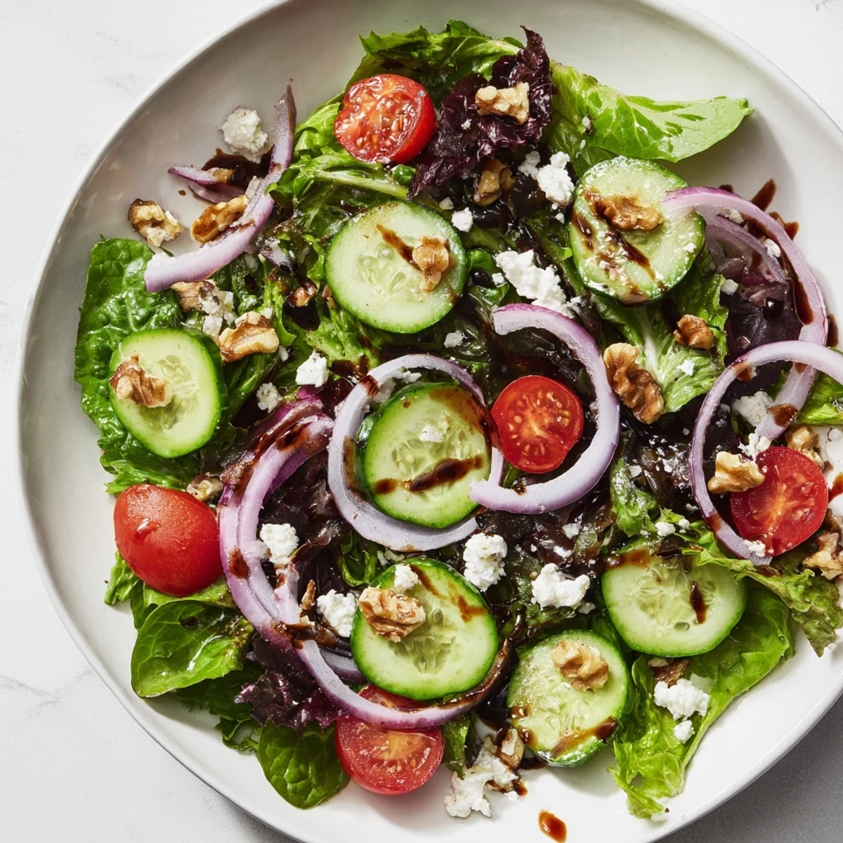 Bright Spring Mix Salad with Vinaigrette tossed with crisp greens, tomatoes, cucumbers, and onions, topped with feta and walnuts.