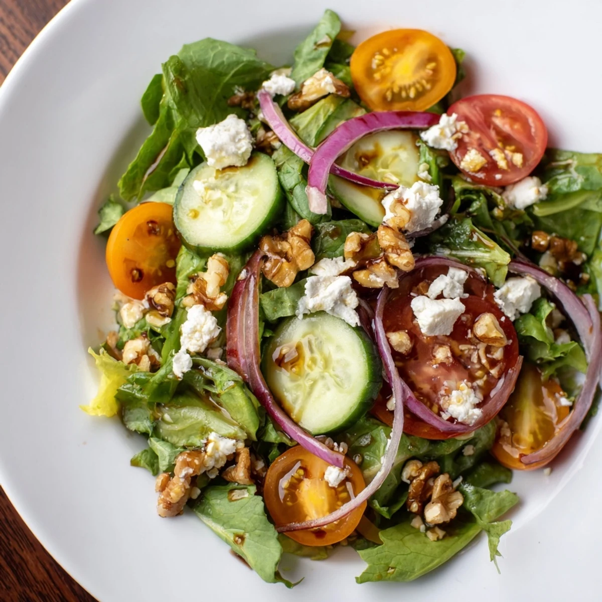 Spring Mix Salad with Vinaigrette drizzled over fresh vegetables in a white bowl, ready for a light, healthy lunch.