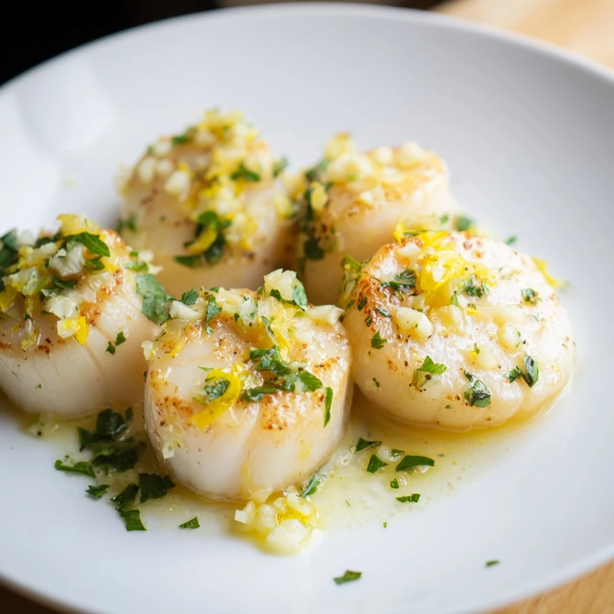 Sizzling Lemon Garlic Scallops garnished with fresh parsley and lemon zest.