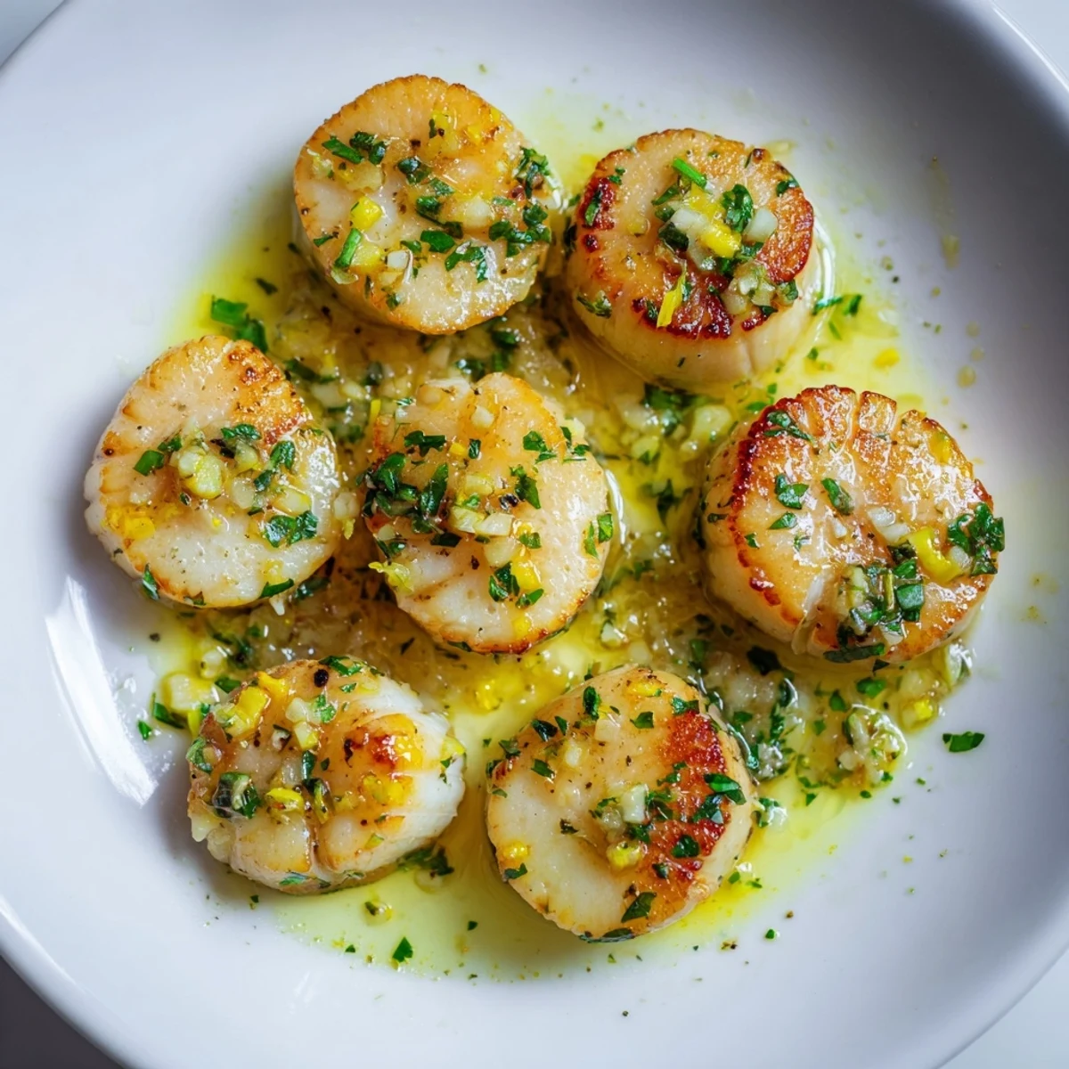 Plump, golden seared Lemon Garlic Scallops glistening in a rich butter sauce.