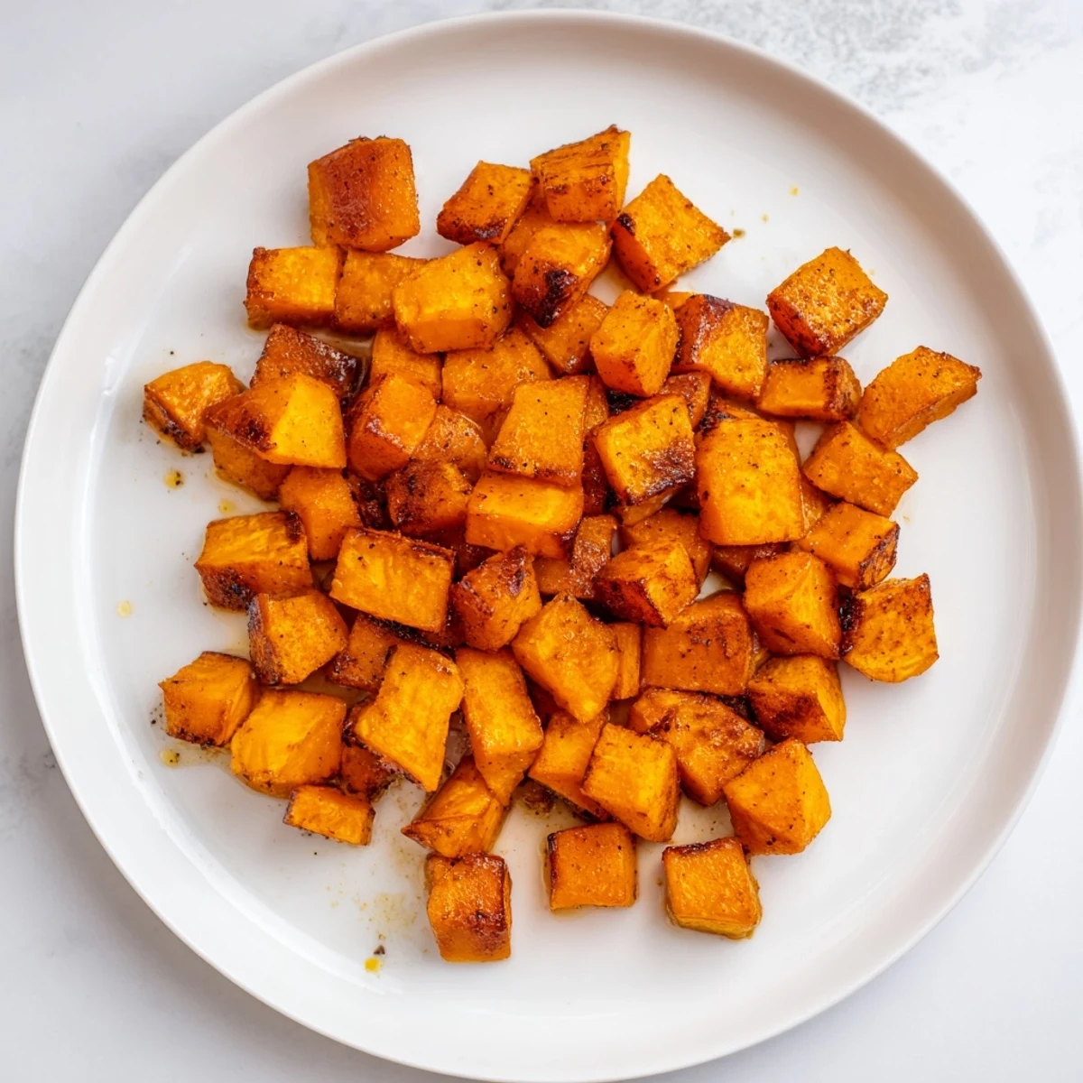 Glistening Roasted Sweet Potatoes with Cinnamon in a white bowl, perfect for Thanksgiving or fall gatherings.