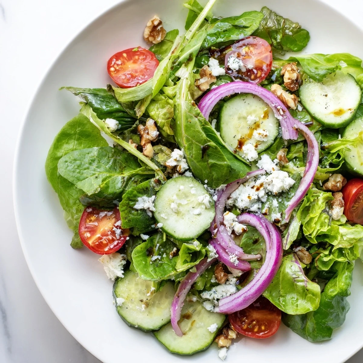 Fresh Spring Mix Salad with Balsamic Vinaigrette in a rustic wooden bowl, topped with cherry tomatoes, cucumber slices, and crumbled feta cheese.