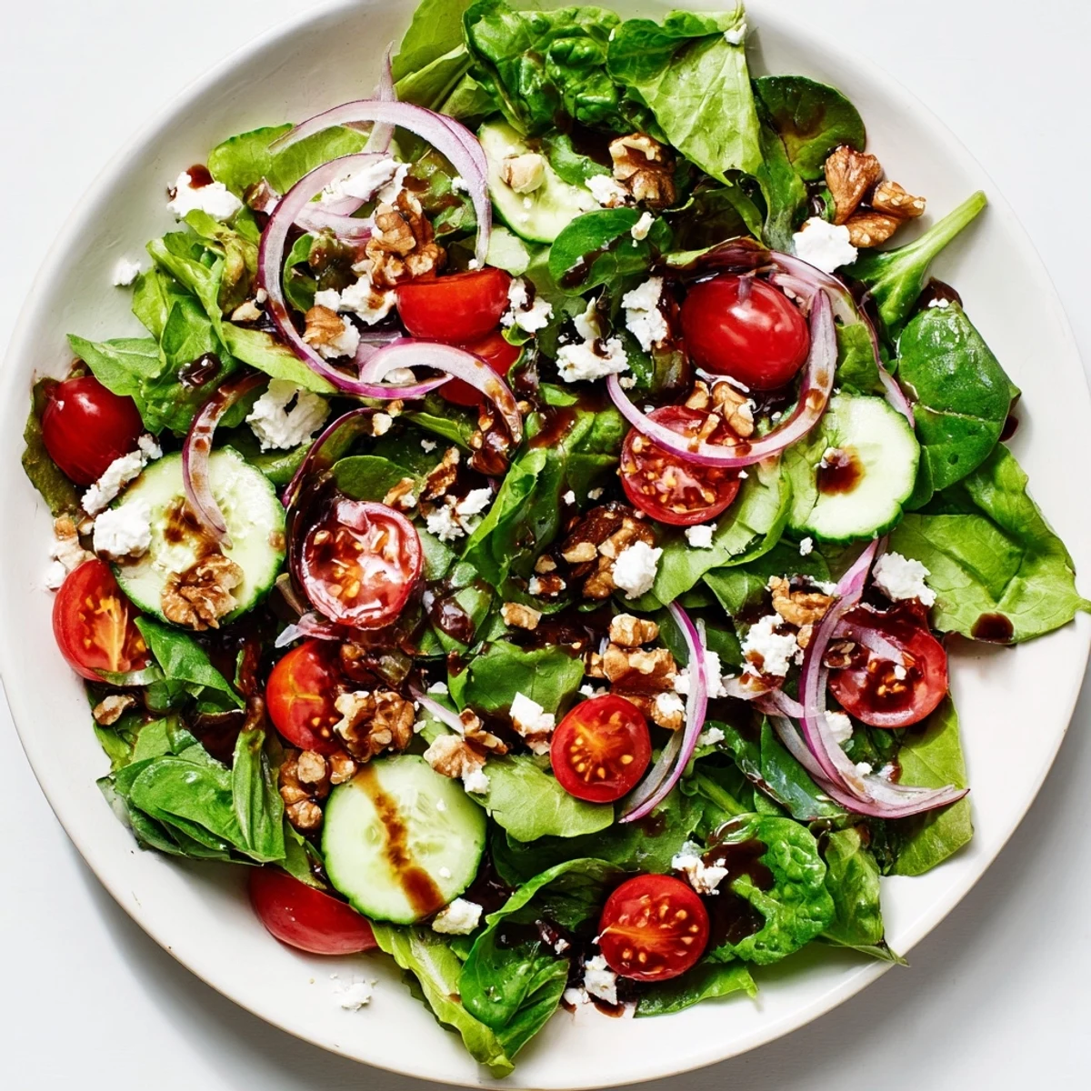 Spring Mix Salad with Balsamic Vinaigrette drizzled over tender greens, red onions, and toasted walnuts, served as a vibrant vegetarian side dish.
