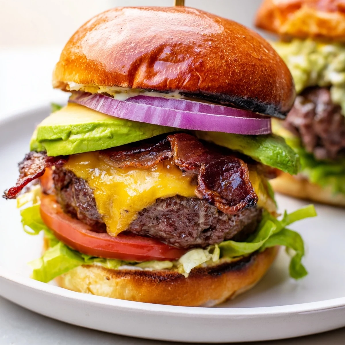 Freshly grilled Beef Burger with Avocado and Beef Bacon stacked high on a toasted brioche bun with melted cheddar and crisp lettuce.