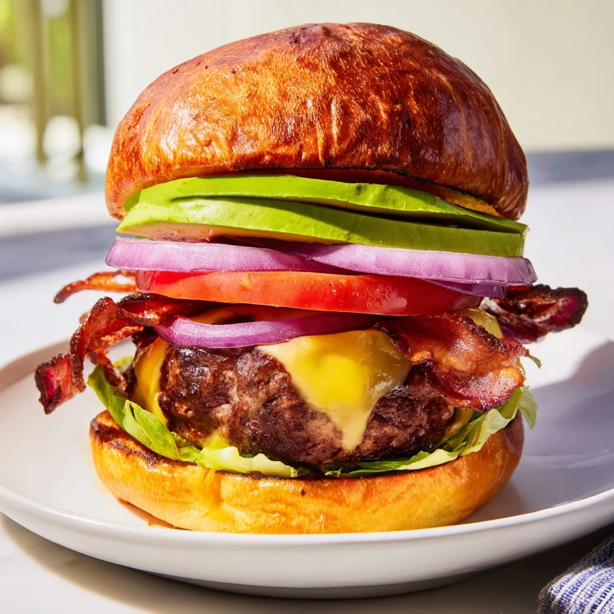 Juicy Beef Burger with Avocado and Beef Bacon served alongside golden fries and a cold lager on a checkered tablecloth.