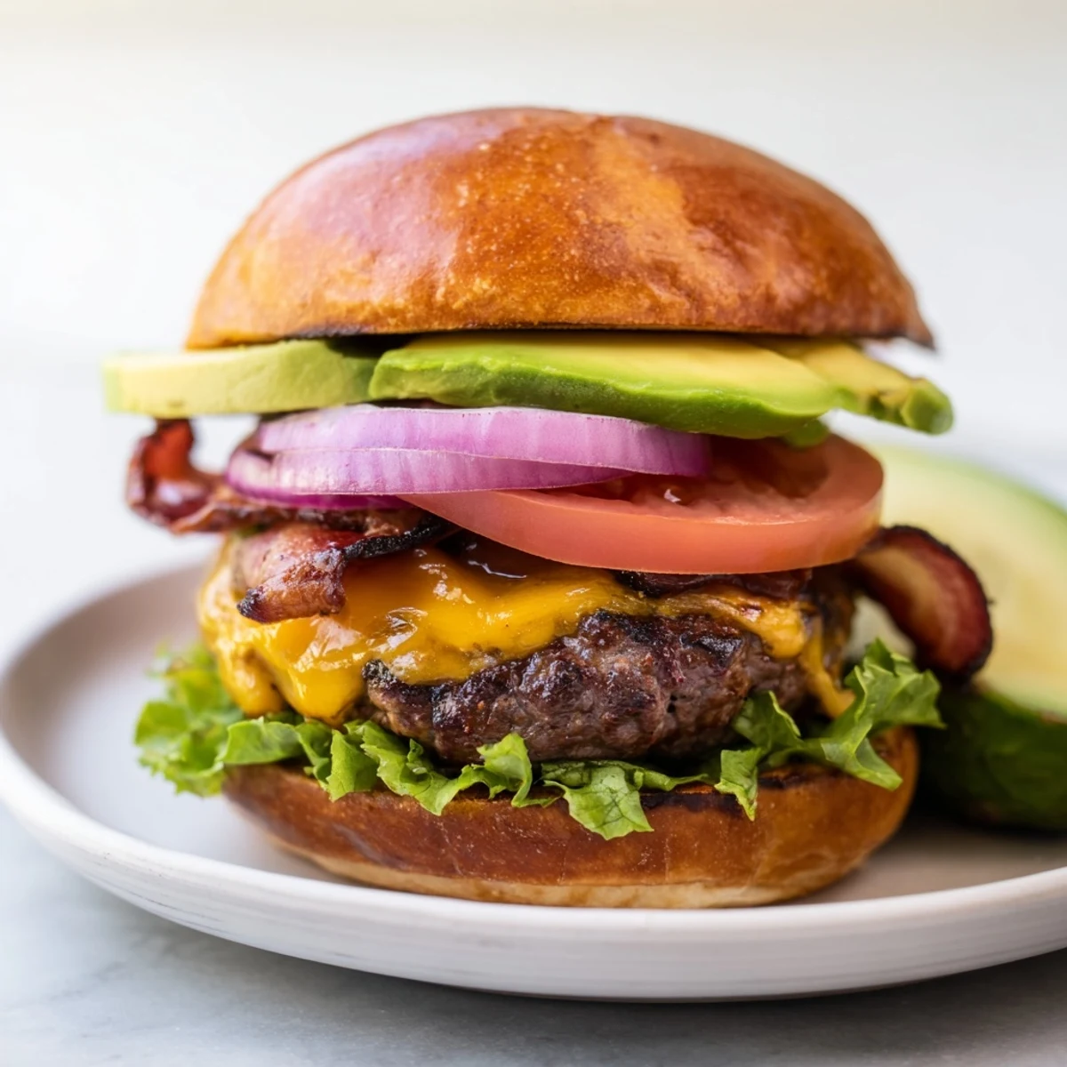 Close-up of Beef Burger with Avocado and Beef Bacon showcasing creamy avocado slices, crispy beef bacon, and fresh tomato and onion.