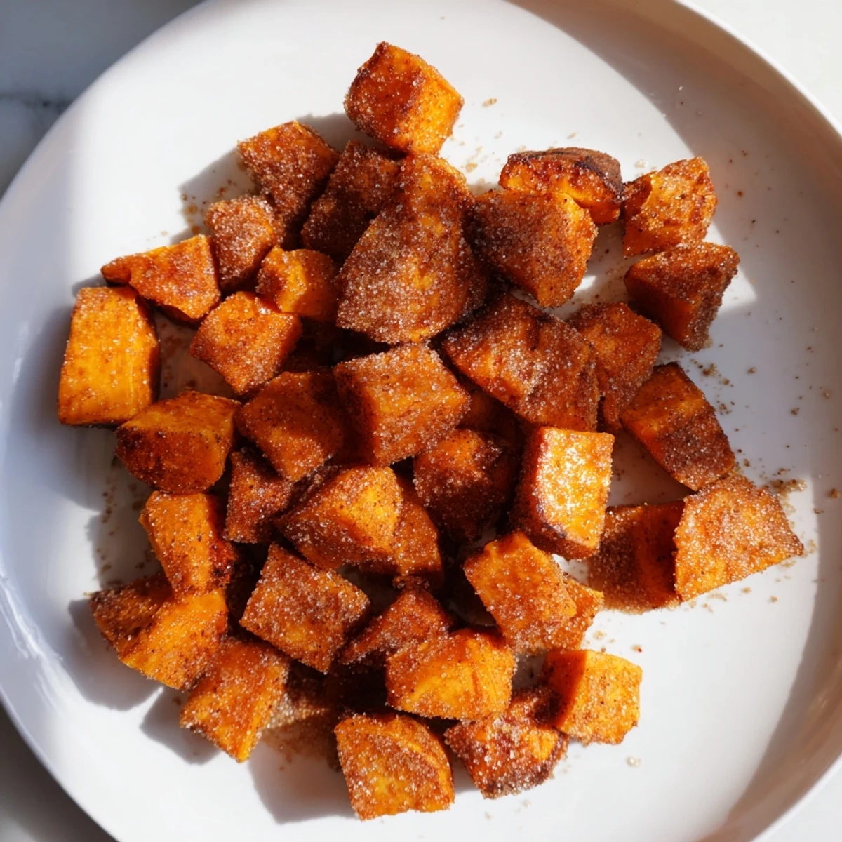A close-up of Roasted Sweet Potatoes with Cinnamon Sugar on a rustic serving platter.