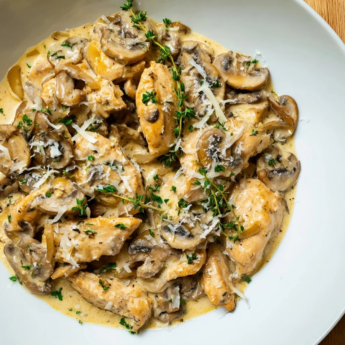 Golden-brown chicken breasts nestled in a creamy garlic mushroom sauce in a skillet, ready to serve over mashed potatoes. Creamy Mushroom Chicken Skillet with Garlic