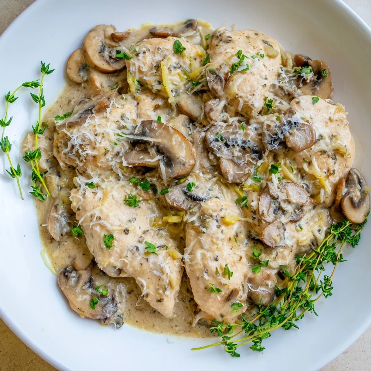 Close-up of tender chicken thighs simmering in a rich, garlicky cream sauce with sautéed mushrooms and fresh thyme leaves. Creamy Mushroom Chicken Skillet with Garlic