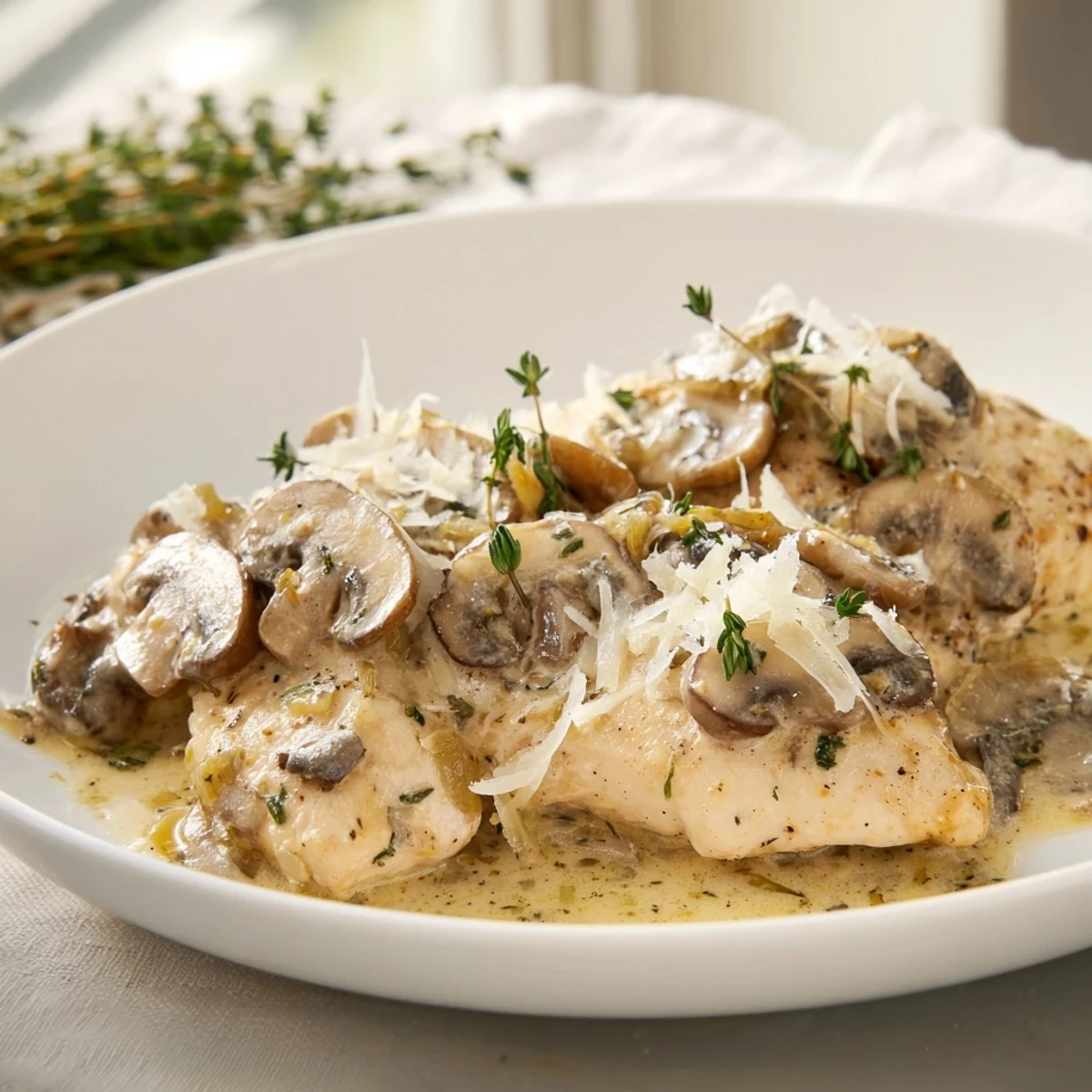 Sizzling one-pan dinner featuring juicy chicken breasts, earthy mushrooms, and a velvety parmesan cream sauce garnished with parsley. Creamy Mushroom Chicken Skillet with Garlic