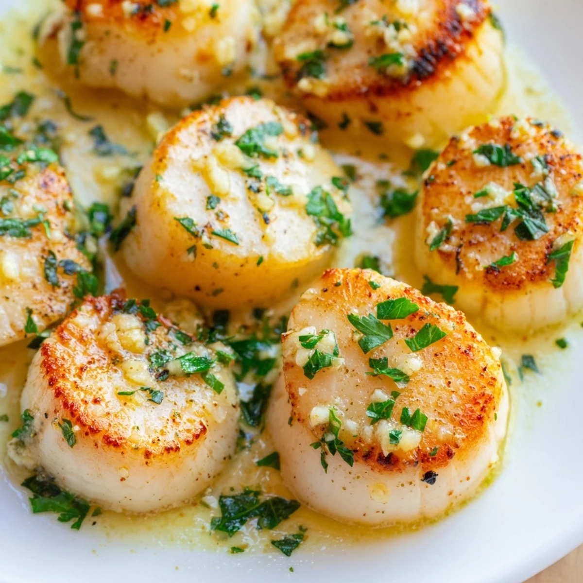 Perfectly seared Lemon Garlic Scallops glistening in a buttery lemon sauce with fresh parsley.