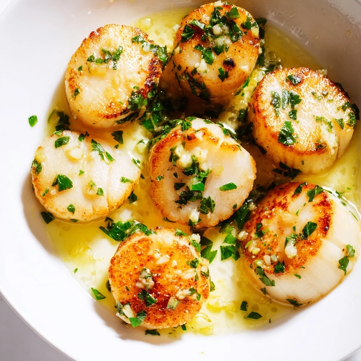 A close-up of golden Lemon Garlic Scallops garnished with parsley, served beside a lemon wedge.