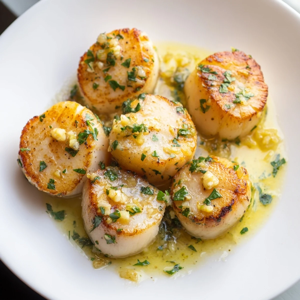 Tender pan-seared Lemon Garlic Scallops topped with vibrant herbs on a rustic white plate.