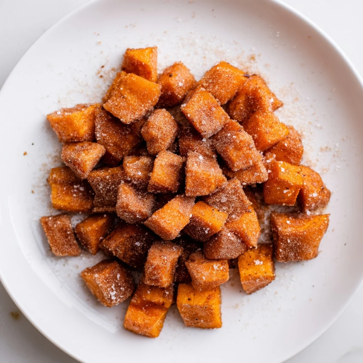 Golden roasted sweet potatoes with cinnamon sugar glistening on a baking sheet.