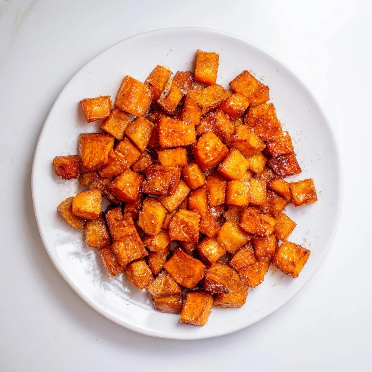 Caramelized Roasted Sweet Potatoes with Cinnamon Sugar tossed with crunchy pecans.