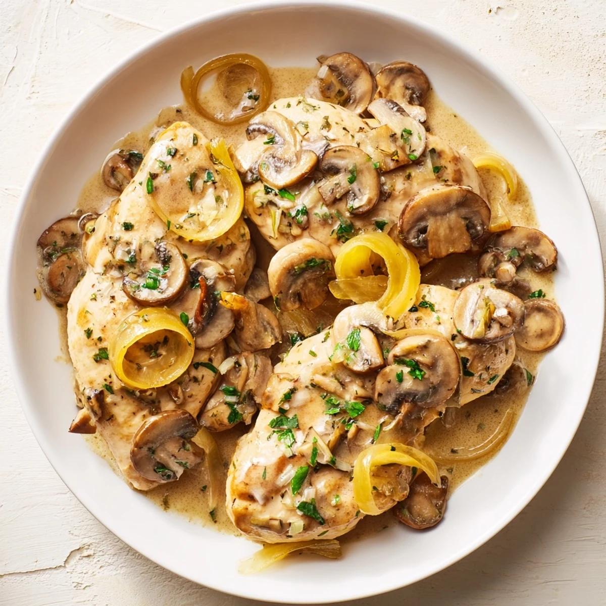 Seared chicken breasts in a creamy garlic mushroom sauce, garnished with fresh thyme and parsley.