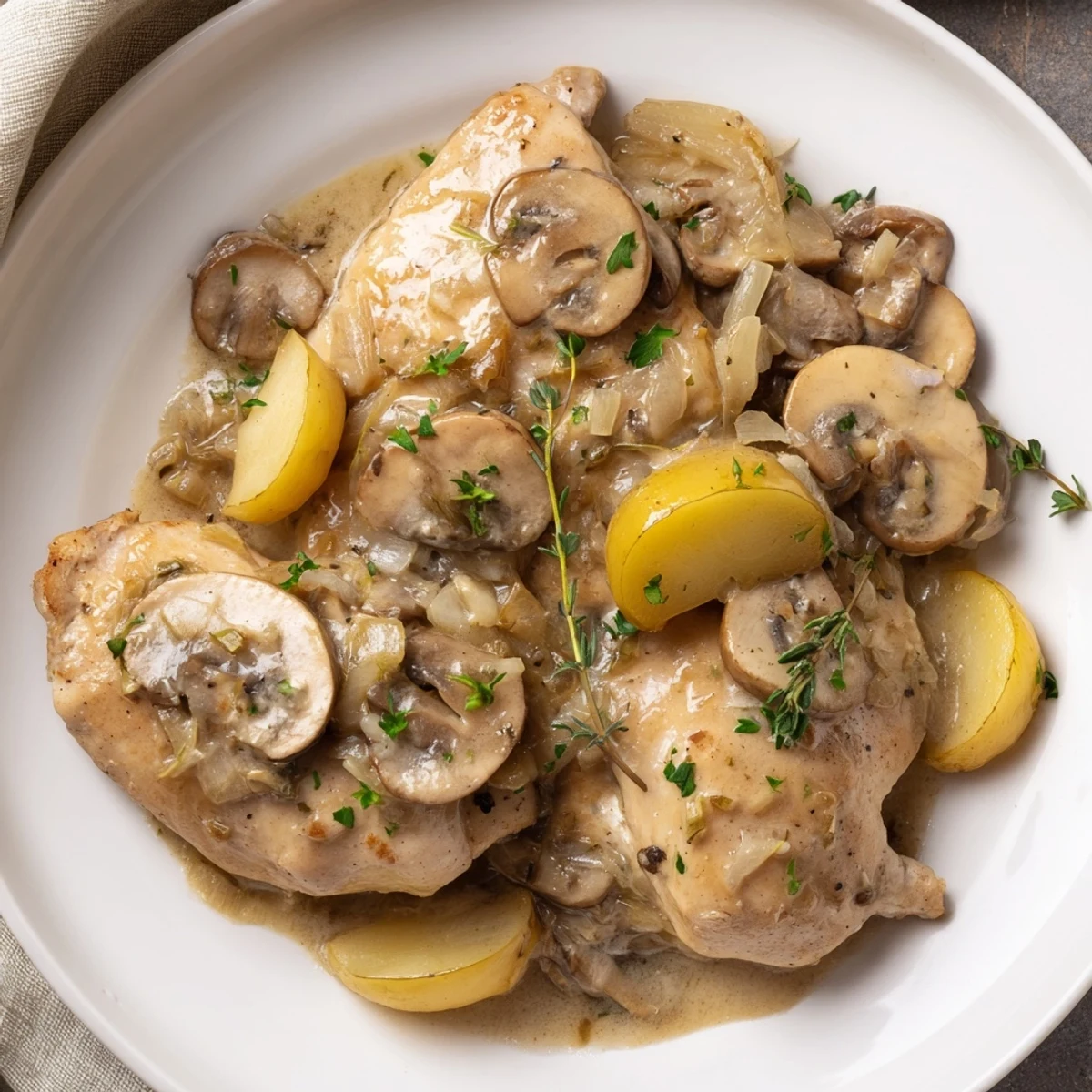 Tender chicken simmered in a rich mushroom skillet, perfect served over fluffy mashed potatoes.