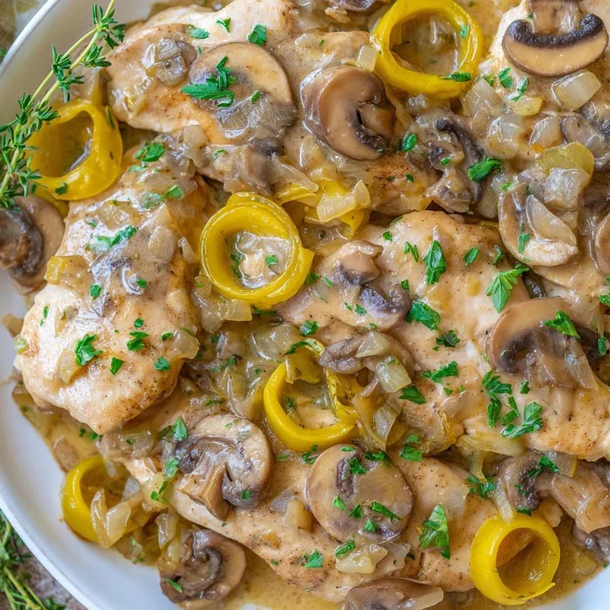 Golden brown chicken with sautéed mushrooms in a garlicky cream sauce, ready for a weeknight dinner.
