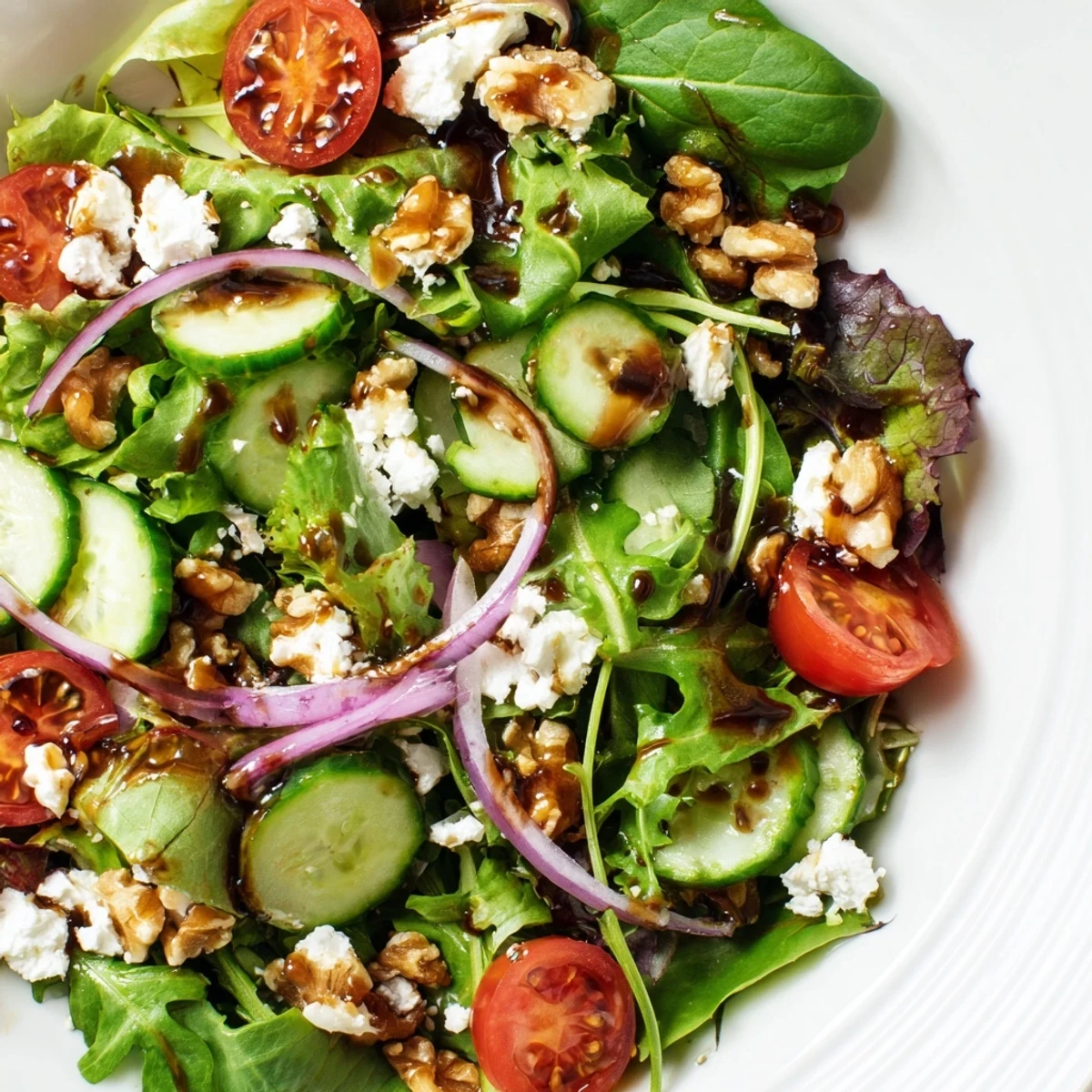 Freshly tossed Spring Mix Salad with Balsamic Vinaigrette, featuring vibrant greens, cherry tomatoes, and cucumber slices.