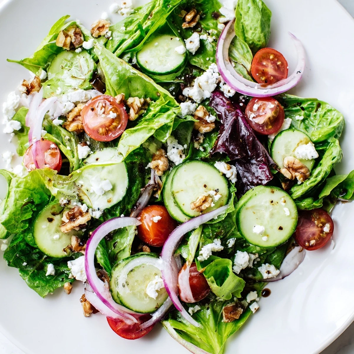 A close-up of Spring Mix Salad with Balsamic Vinaigrette drizzled over tender greens and crumbled feta.