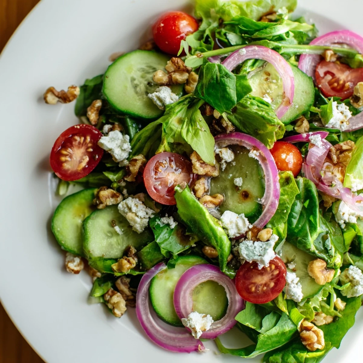 Colorful Spring Mix Salad with Balsamic Vinaigrette garnished with walnuts, ready for a light lunch serving.