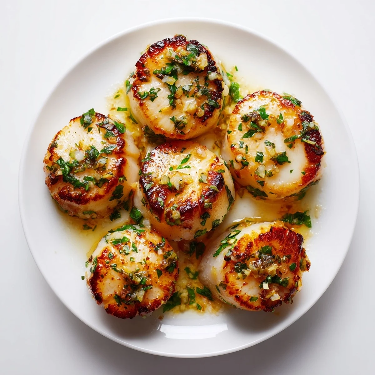Golden seared Lemon Garlic Scallops with Parsley rest in a lemony butter sauce, garnished with fresh herbs.