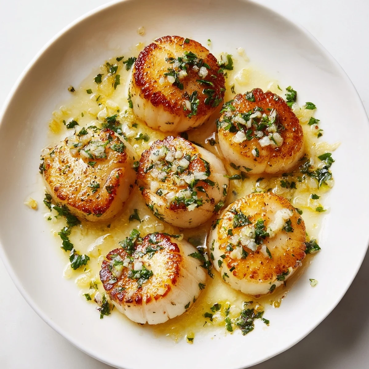Close-up of Lemon Garlic Scallops with Parsley highlighting the golden crust and glossy garlic butter sauce.