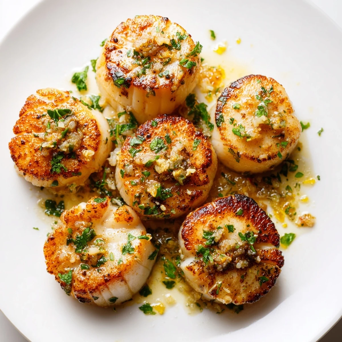 Lemon Garlic Scallops with Parsley paired with a crisp salad, served on a white plate for a bright meal.