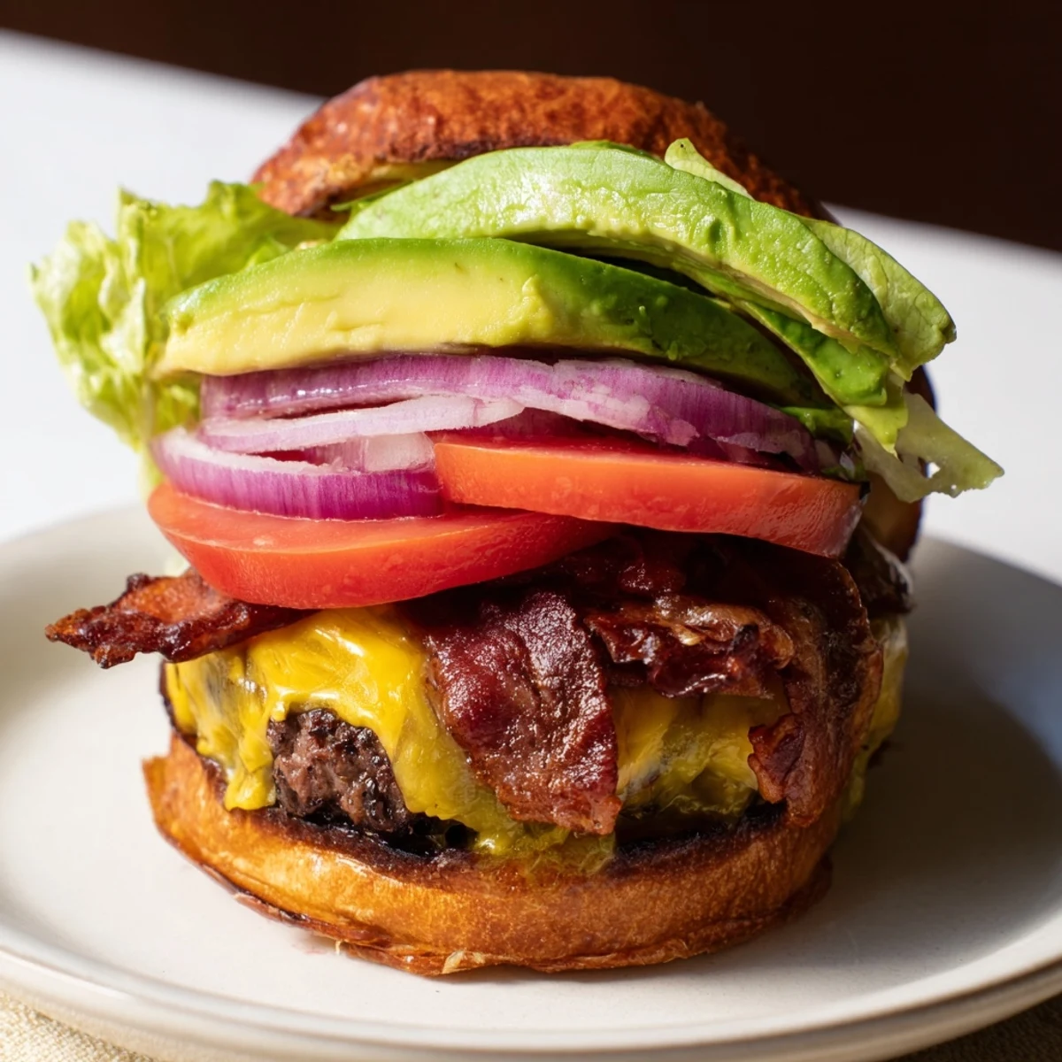 Golden-brown beef burger with avocado and beef bacon on a toasted brioche bun, melted cheddar and crisp lettuce.