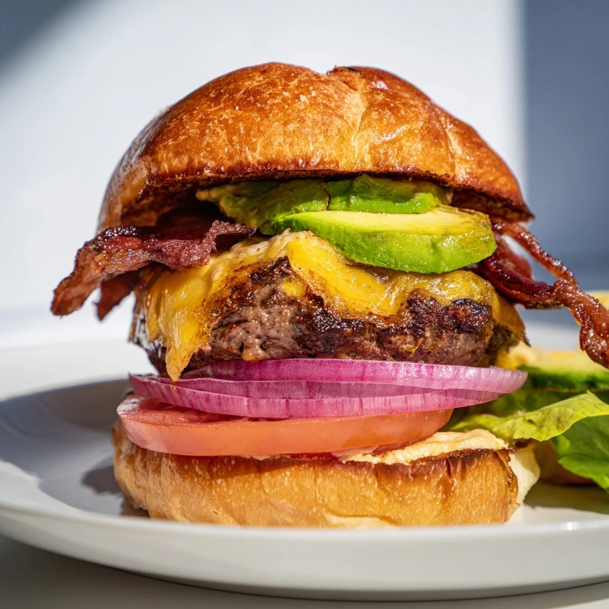 A juicy grilled beef burger topped with creamy avocado and crispy beef bacon, served with tomato and red onion.