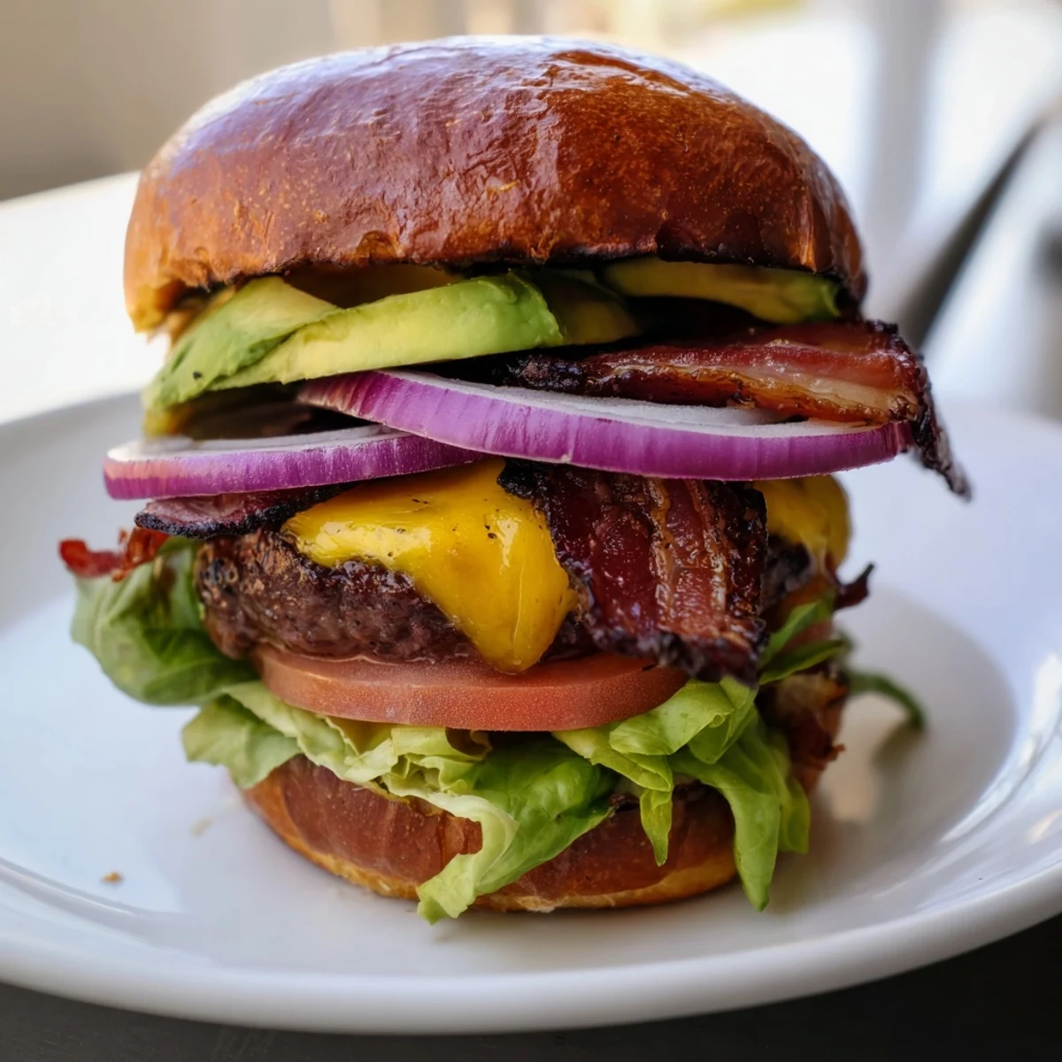 Close-up of a gourmet beef burger with avocado and beef bacon, perfect for a backyard barbecue or dinner.
