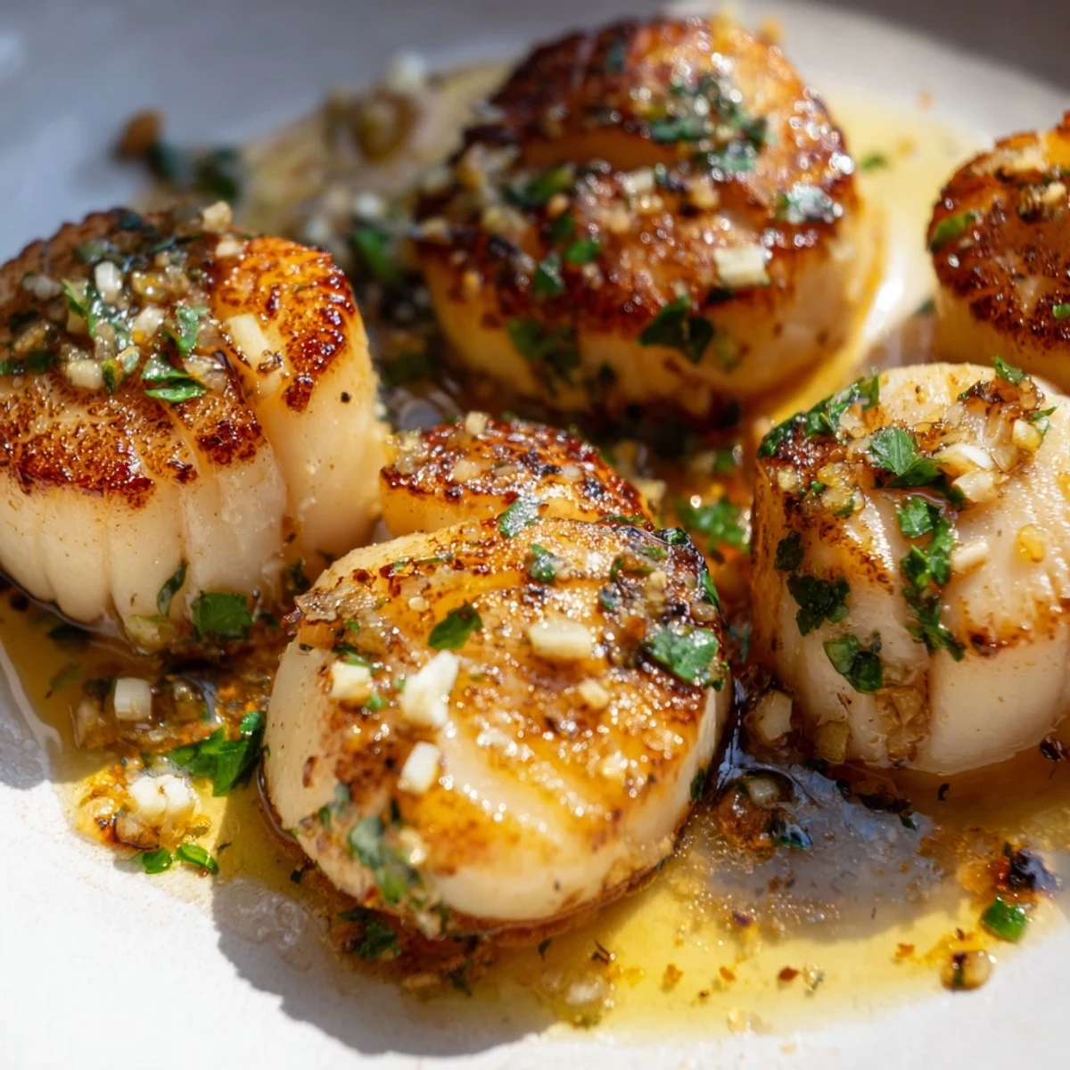 Golden seared Lemon Garlic Scallops glisten in a skillet, topped with fresh parsley and lemon zest.