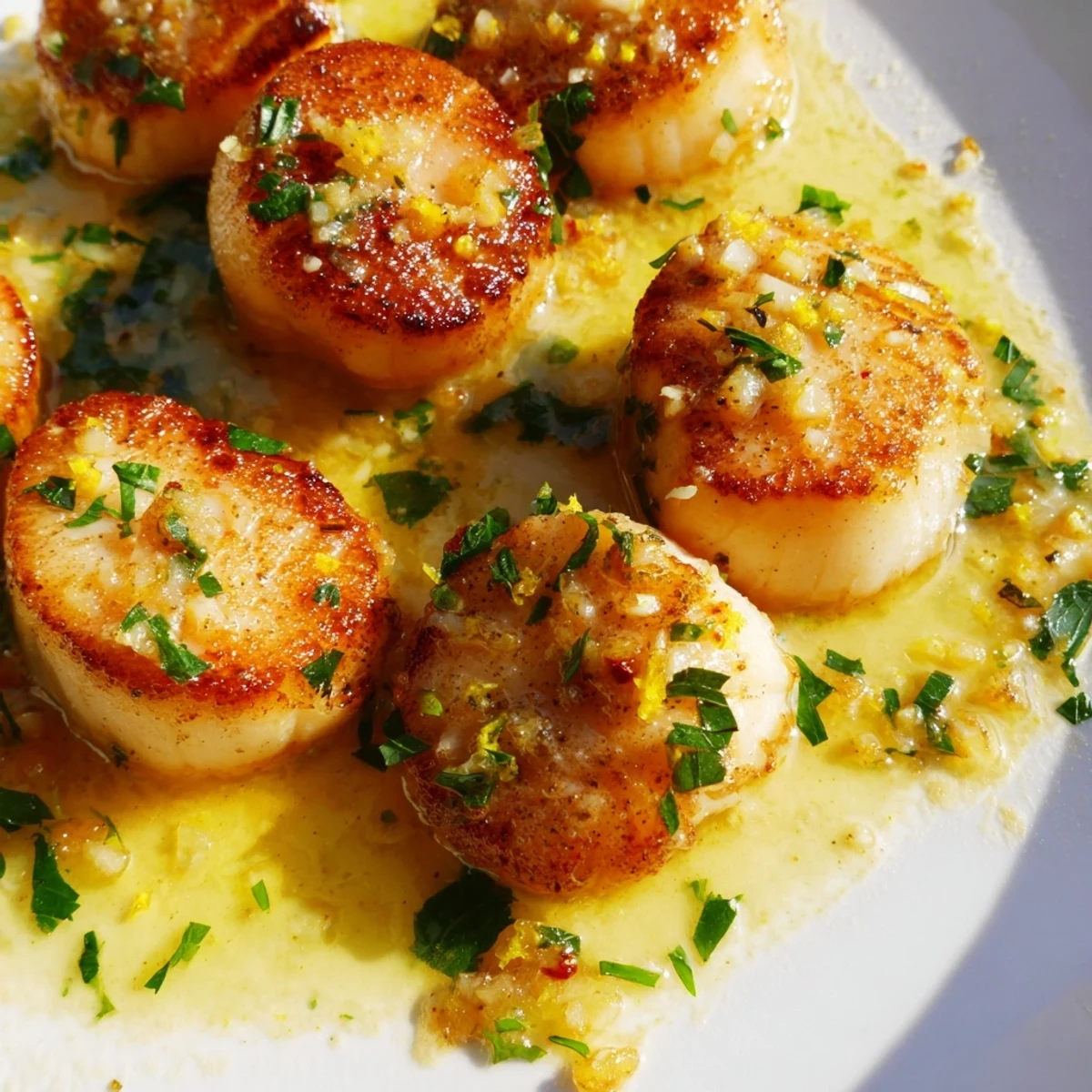 A close-up of succulent Lemon Garlic Scallops served on a white plate with asparagus spears.
