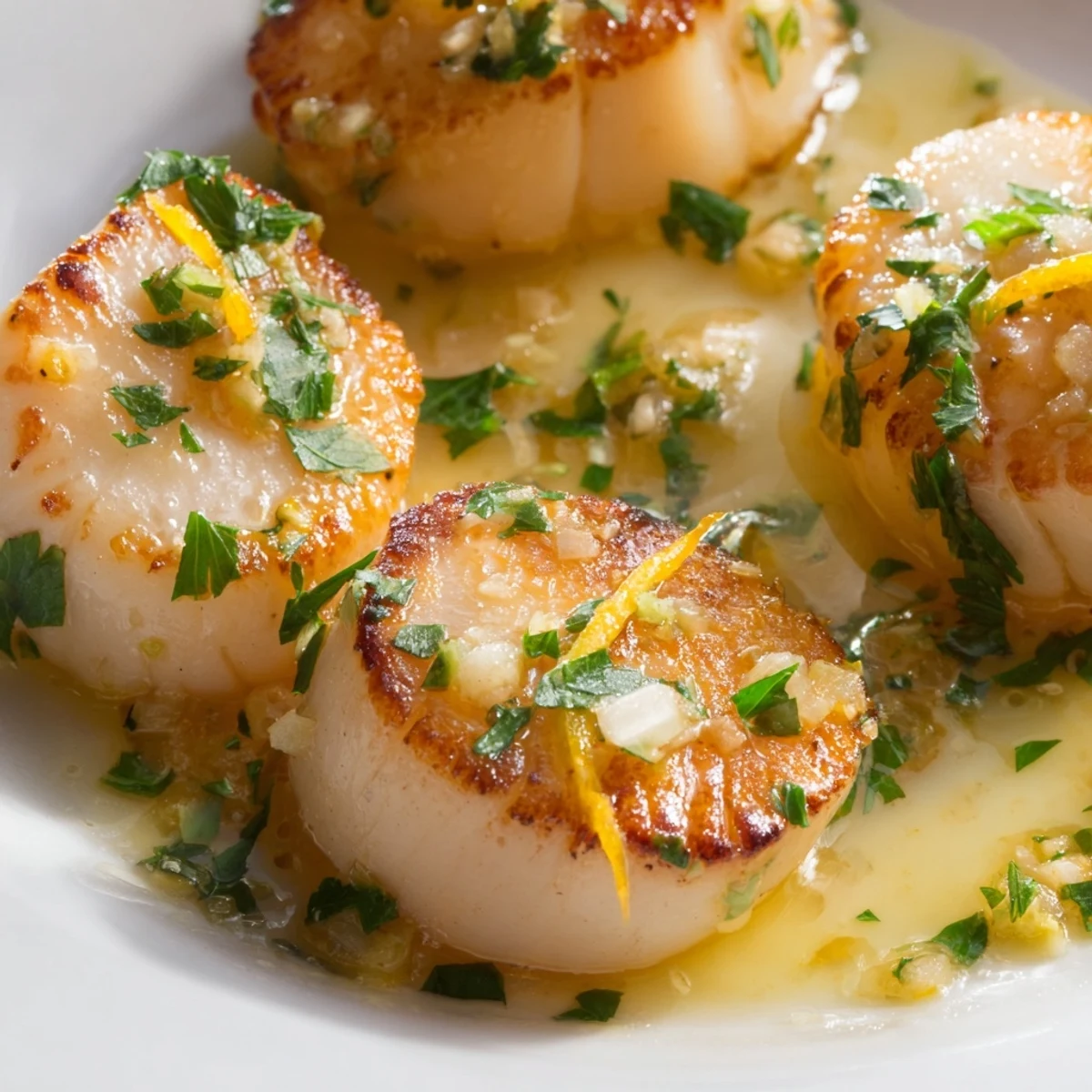 Lemon Garlic Scallops plated with crusty bread for dipping into the bright, garlicky butter sauce.
