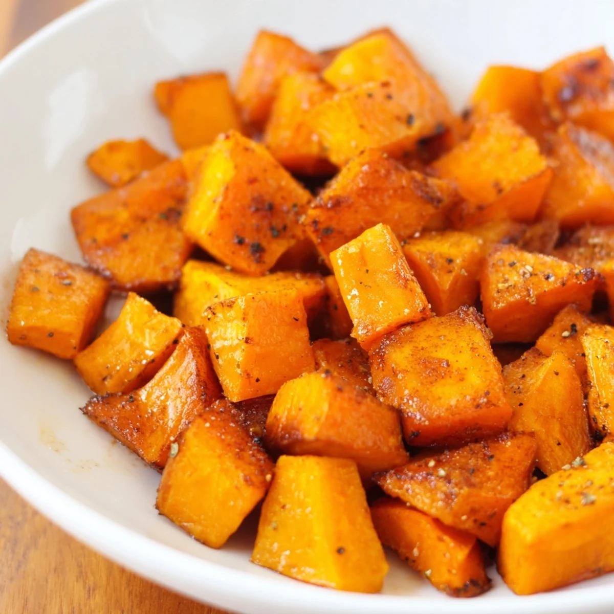Golden cubes of Roasted Sweet Potatoes with Cinnamon glistening with maple syrup, served warm from the oven.