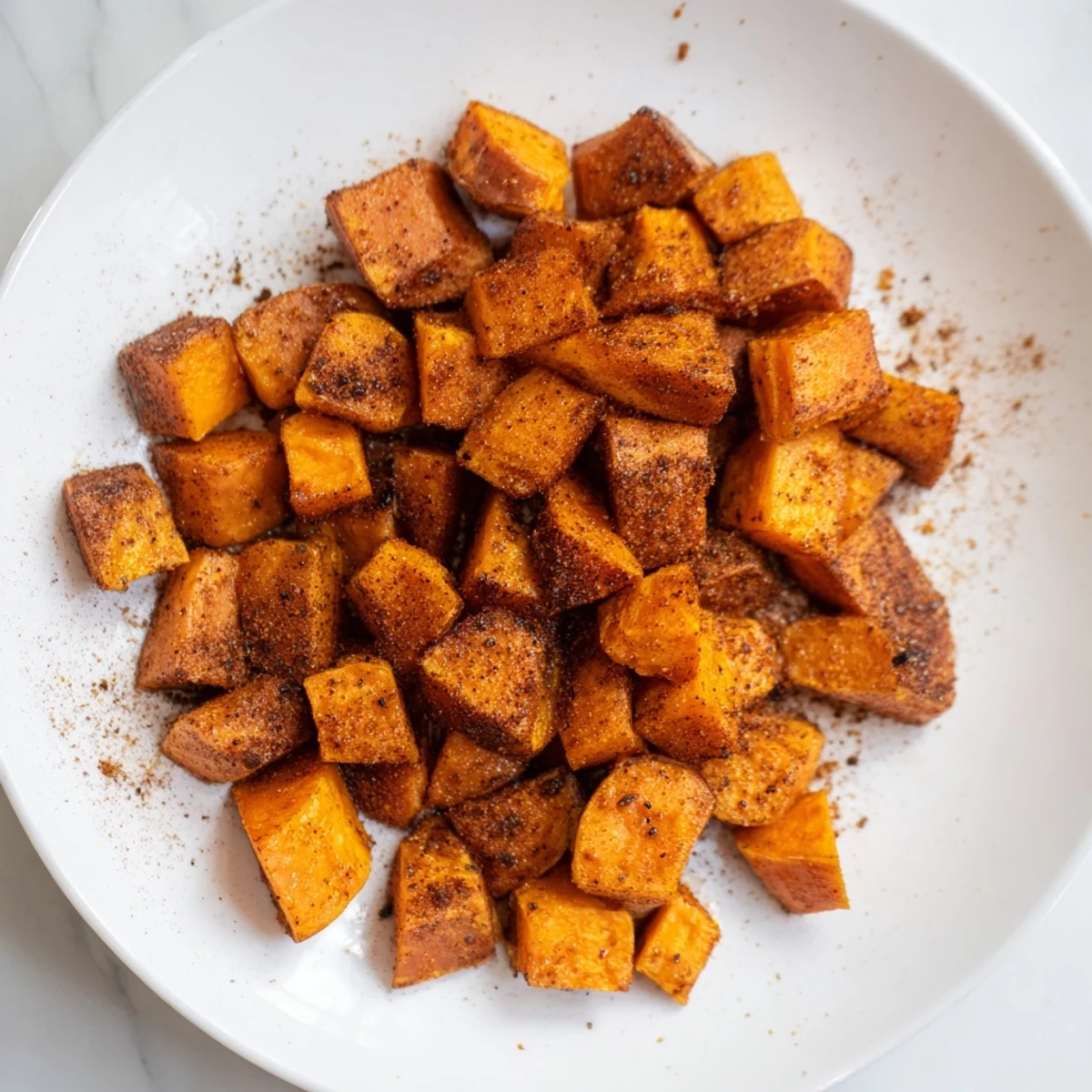 Soft, tender pieces of Roasted Sweet Potatoes with Cinnamon dusted with spices, ready to accompany a main dish.