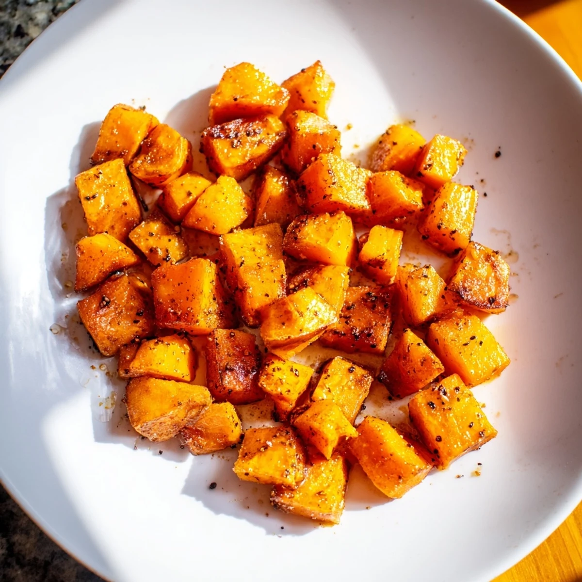 A close-up of Roasted Sweet Potatoes with Cinnamon showing caramelized edges and a rustic kitchen table setting.