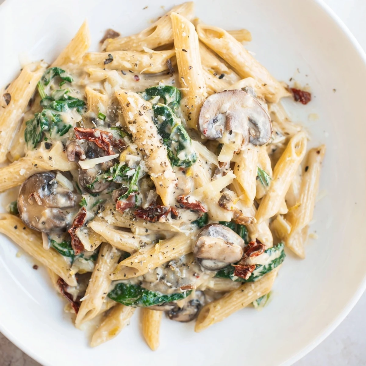 Creamy Tuscan Mushroom Pasta Skillet with golden mushrooms and wilted spinach.