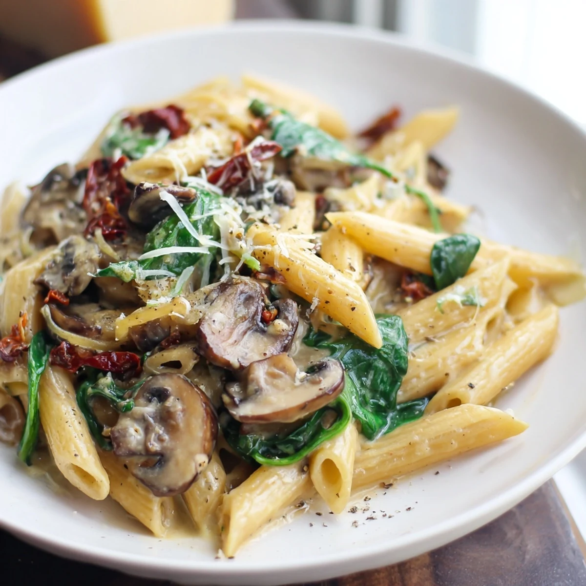 Sun-dried tomatoes and Parmesan in a rich, steaming skillet of pasta.